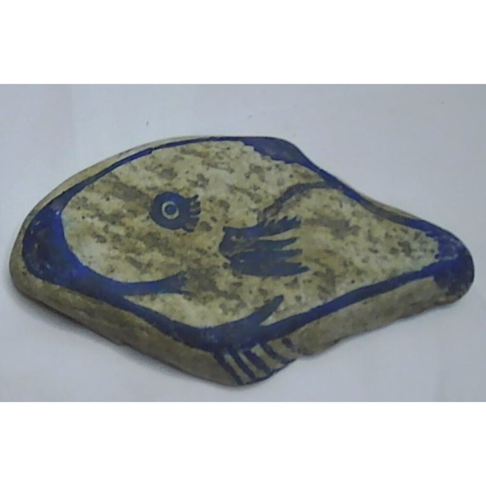 Hand-painted decorative rock featuring a blue stylized fish 6.25" long